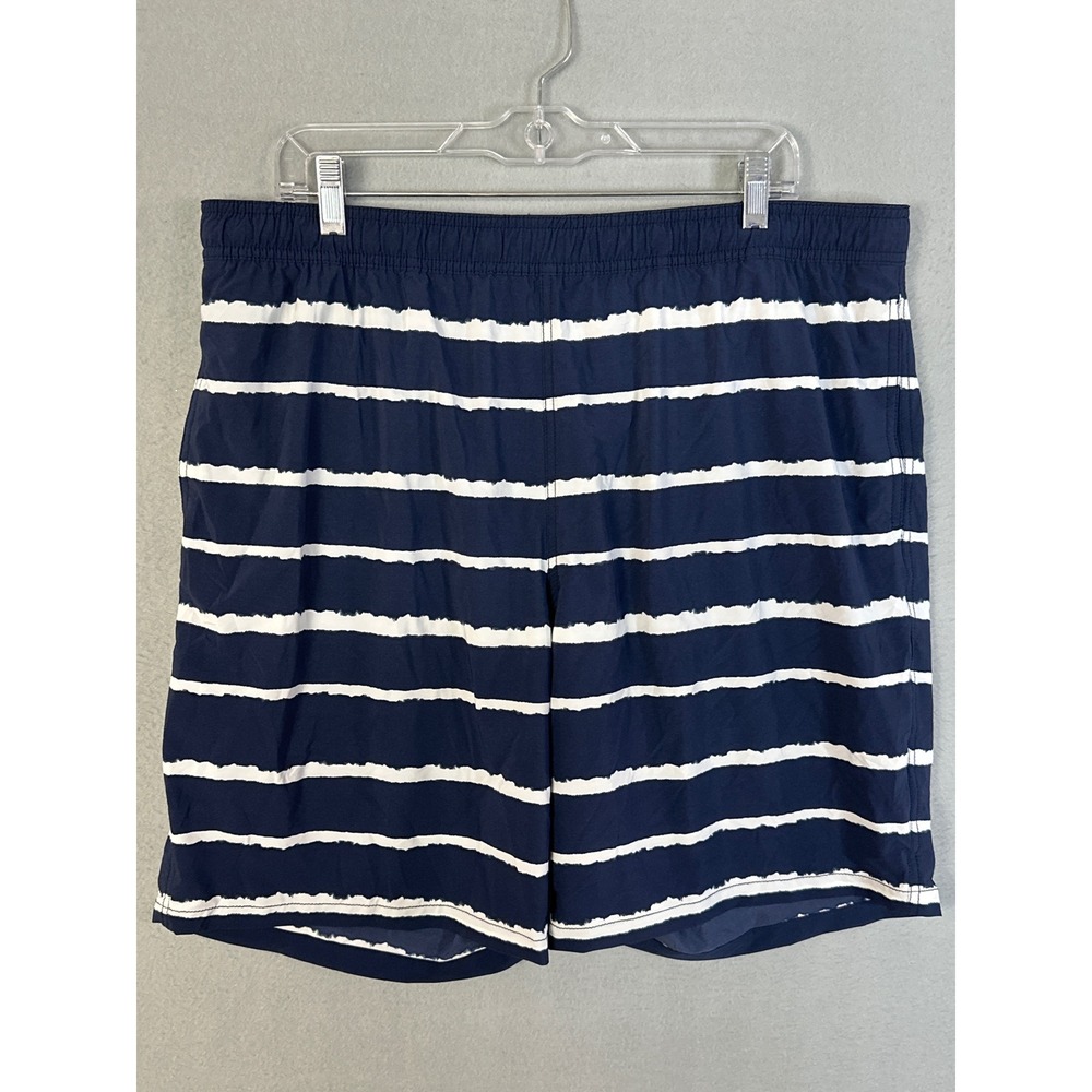 Kirkland Signature Mens Swim‎ Shorts XL Navy Blue White Striped Mesh Liner